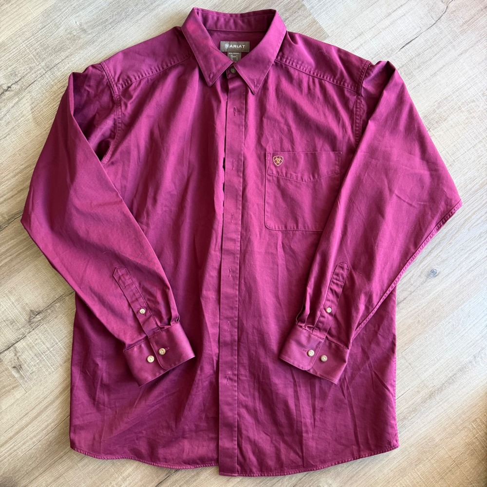 Ariat Mens Solid Twill Classic Fit Long Sleeve Shirt Burgundy 10012635 Large